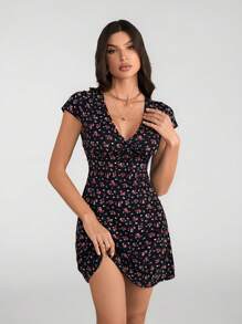 SHEIN Tall Damen Mode Süßes Blumen Muster A-Linie Kleid mit V-Ausschnitt, Blumenkleider, Frühlingsblumenkleider, Strandkleider für Frauen, Y2K Sommer, Blumenkleider, Niedliche Sommerkleider, Sommerkleider - Rot - Übersicht 5