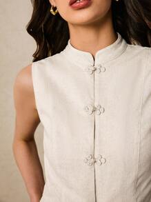 Poéselle 女士两件套,两件套服装,亚麻套装,新中式两件套,舒适透气的面料,适合夏季、通勤、街头、度假、居家,女士优雅纯色纽扣装饰吊带背心和短裤套装,夏季,