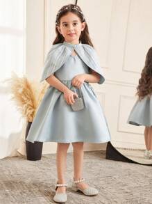 Elegante Jacke für Kleine Mädchen mit bestickter Spitze und Strass-Verzierung, kombiniert mit einem rückseitigen V-Ausschnitt Satinkleid mit Schleifenakzent, geeignet für Hochzeiten, Partys, Feiertage