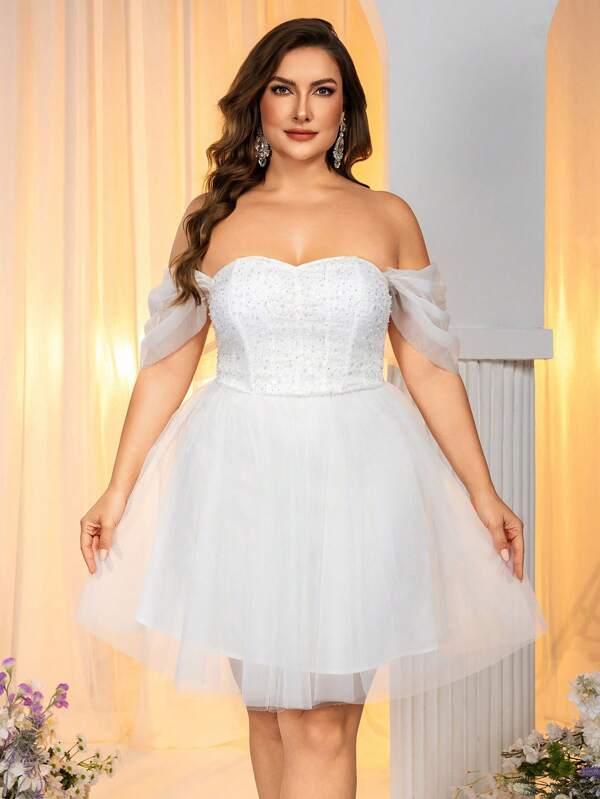 Lovelzi Plus Size Elegant Minimalist Romantic White Off Shoulder Studded Pearl Tulle Ball Gown, Bridal Shower Gift Dress, For Bride