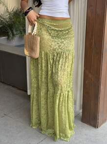 Sunnyshic Women's Casual Sheer Lace Long Skirt, Green, Summer Holiday - Green - View 7