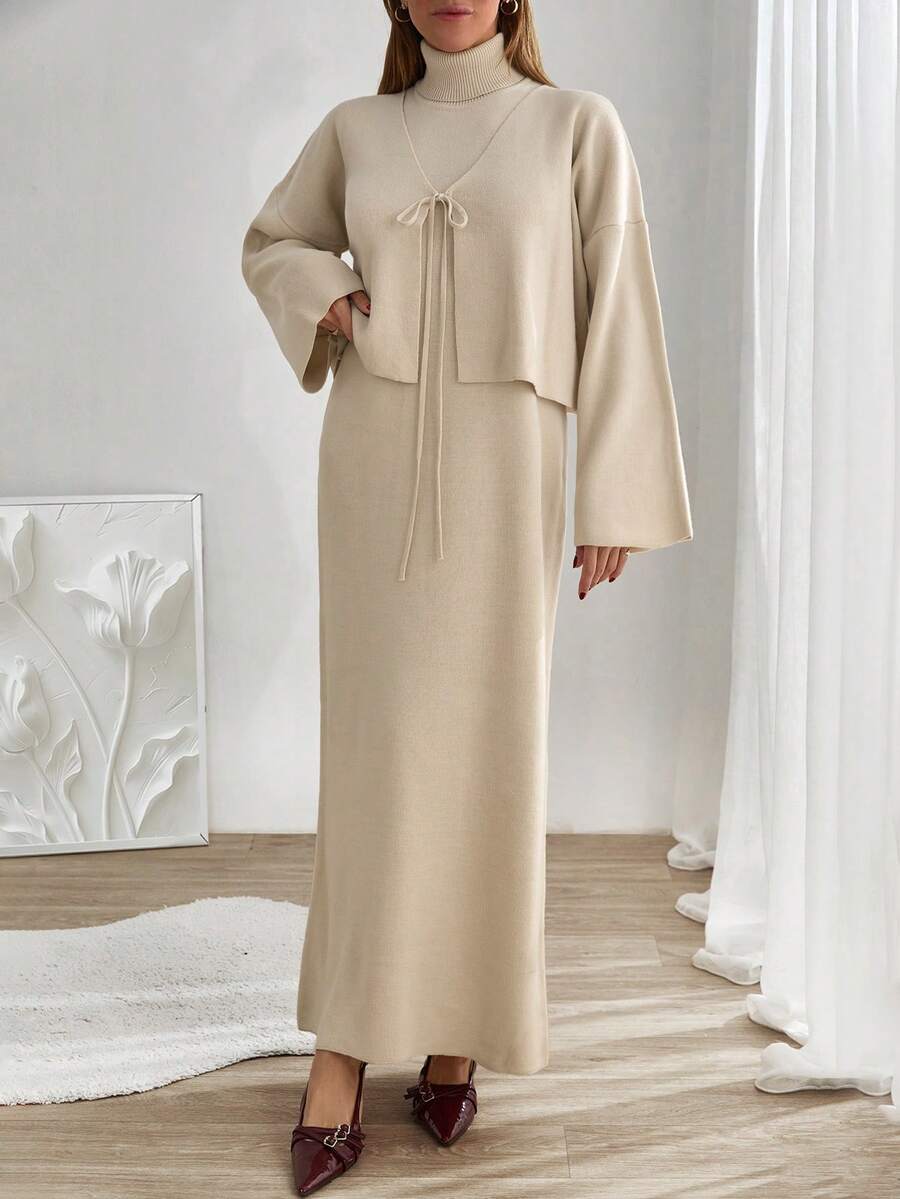 EURMUSE Ensemble deux pièces pour femmes avec robe pull sans manches à col montant et cardigan en maille, ensemble deux pièces beige, ensemble deux pièces crème, ensemble pull deux pièces pour femmes, ensemble coordonné, vêtements d'hiver - Beige - Voir 1