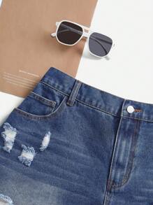 SHEIN LUNE 大码女式口袋破洞流苏下摆休闲牛仔短裤 - 深色水洗藍 - 查看 4