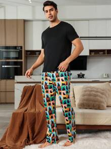 Men's Plain Crew Neck Short Sleeve Top And Pants Pajama Set - Multicolor - View 4