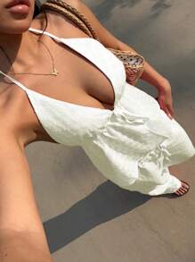 Sunnyshic Embroidered Halter Neck Top And Long Pants Beach Outfit - Apricot - View 5