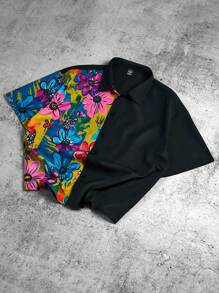 Manfinity Hypemode Camisa casual de manga corta negra con estampado floral y grafiti colorido en la parte delantera para hombres