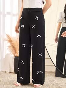 SHEIN Teen Girls' Loose Fit Color Blocking Bowknot Decor Straight Wide Leg Pants, Black - Black - View 5