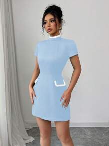 Chiquease Women Stand Collar Short Sleeve Ribbon Patchwork Bodycon Dress - Blue - View 3
