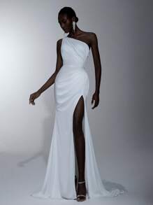 Elitara 女士优雅白色露背婚纱，带不对称荷叶边下摆，新娘 - 白色 - 查看 3