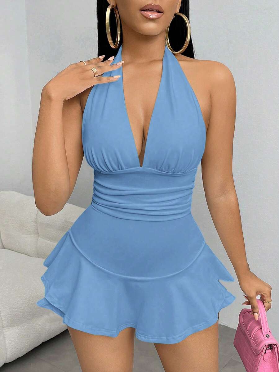 SHEIN SXY Women's Sexy Solid Color Backless Halter Jumpsuit, Summer - Blue - View 1