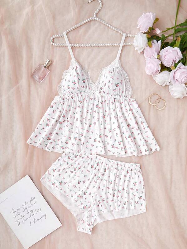 CottageSlumber Lace-Trim Deep V-Neck Ditsy Floral Camisole And Shorts Pajama Set Holiday Season ,Vacation