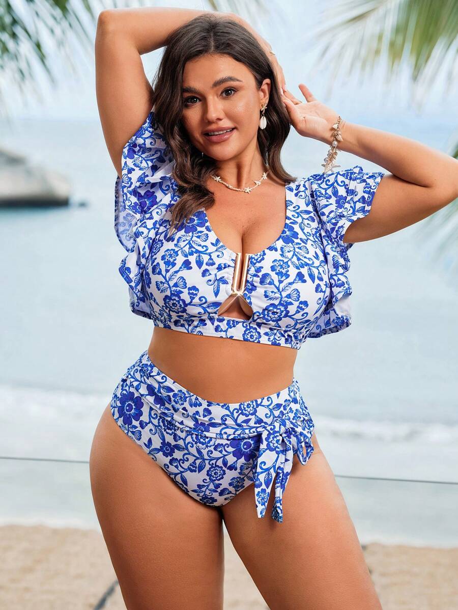 Swim Lushoire 大尺碼女款2件式泳衣套裝，藍白瓷器數位印花，適合海灘度假夏季