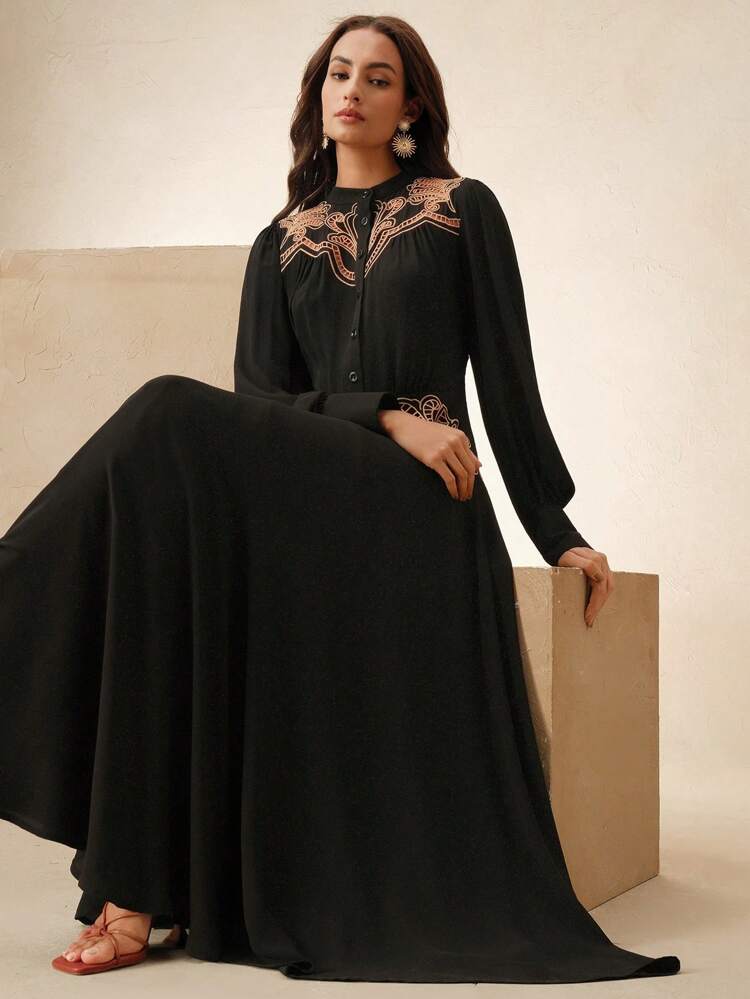 Women's Elegant Black Chiffon Embroidered A-Line Long Sleeve Dress, Suitable For Spring, Summer, Vacation, Holiday