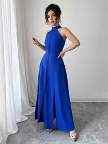 Elenzga New Spring/Summer Women Elegant Sleeveless Split Dress - Blue - View 3