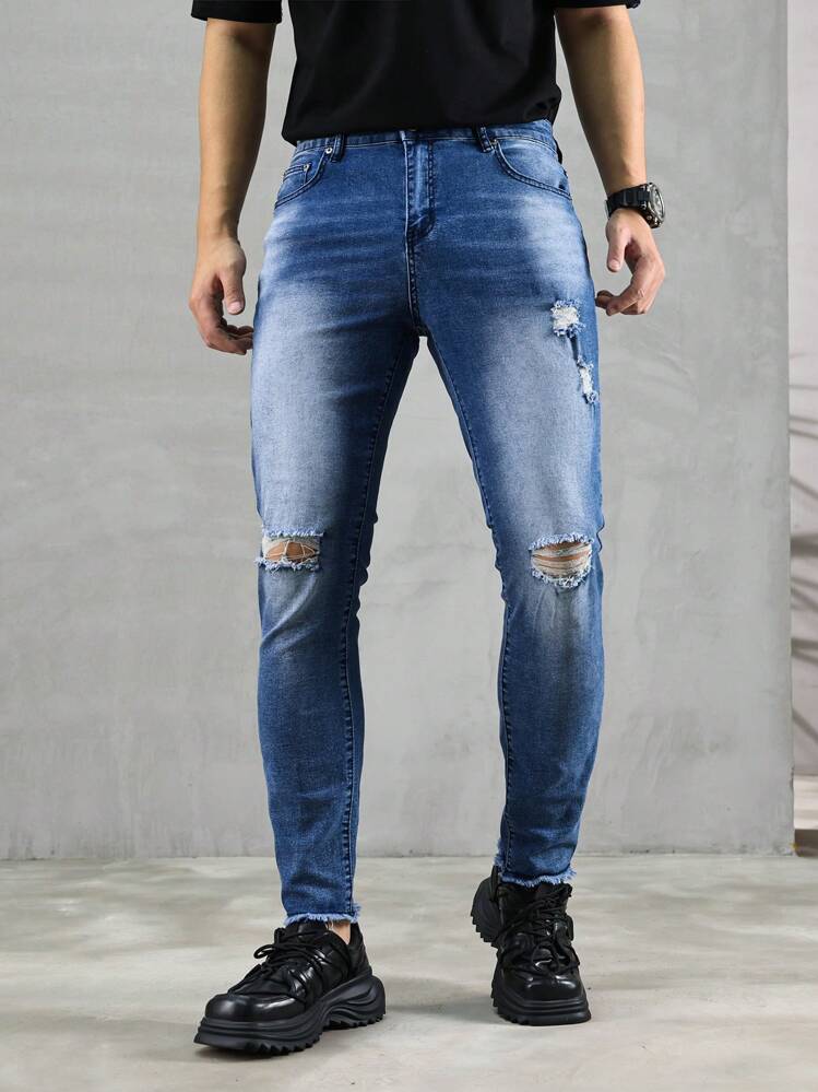 Manfinity Homme Men's Casual Distressed Frayed Edge Washed Denim Jeans - Blue - View 6