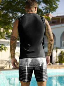 Manfinity Swimmode 2pcs Men Summer Holiday Letter Print Tank Top And Shorts Swimming Trunks Set,Hawaiian - Black and White - View 2