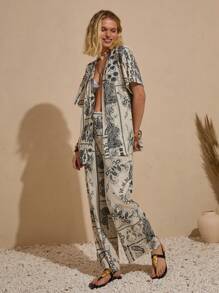 Bóhologie Conjunto de top y pantalón de kimono con estampado total para mujer, vestimenta playera tipo cubrecuerpo estilo bohemio