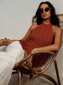 COSMINA Women Solid Color Backless Fringe Hem Knit Camisole Top