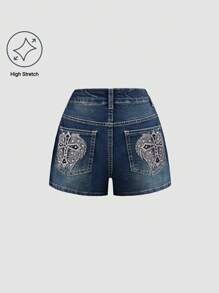 Shorts di jeans alla moda e unici, stile da strada, adatti per ragazze adolescenti con decorazione di ali d'angelo e croce ricamata, strass, vita elastica e chiusura con cerniera