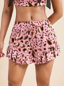 LUNA B 粉色豹纹缎面荷叶边下摆弹性高腰休闲夏季沙滩装动物印花短裤 - 粉色 - 查看 5