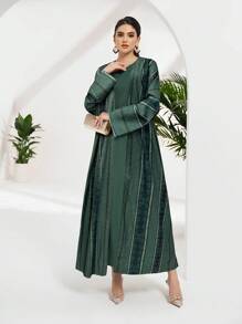 Al Najma Women's Colorful Striped Long Sleeve Arab Style Robe Jacket, Modest Abaya - Green - View 5