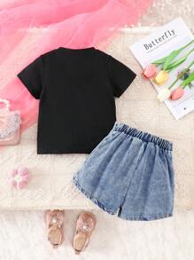 2pcs Baby Girl Casual Bow & Dot Print Denim Outfit Sets, Fashionable & Cute Style,Summer