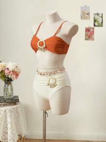 SHEIN MOD Leicht pfirsichfarbene Bikinihose mit geraffter Quaste, als Akzent Ring dekoriert, Triangel-Bikini-Hose - Aprikosenfarben - Übersicht 4