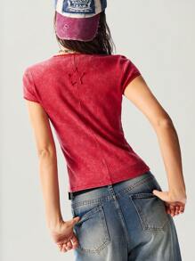 Bohemela 女式夏季西式纯色 V 领短袖水洗修身 T 恤 - 紅色 - 查看 7