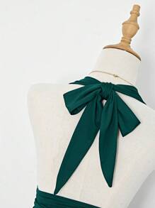 Elamini Women's Deep V-Neck Low-Cut Short Casual Dress, Slimming, Spring & Summer - Dark Green - View 5