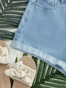 SHEIN EZwear Pantaloncini di jeans casual estivi lavati con orlo arrotolato