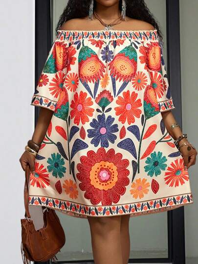 Slaydiva 2025 春夏新品大码露肩花卉印花休闲度假连衣裙波西米亚风女装女装波西米亚风连衣裙女装墨西哥风连衣裙女装女装波西米亚风狂欢服装音乐节