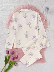 2pcs/Set Teens Girls' Apricot Background Bow Printed Long Sleeve Cardigan & Pants Casual Comfortable Loungewear - Apricot - View 2