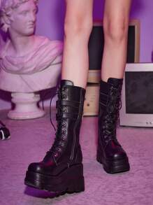 ROMWE Buckle Decor Lace-Up Front Zipper Side Wedge Boots For Christmas And New Year Holiday Valentines Spring Shoes - Black - View 5