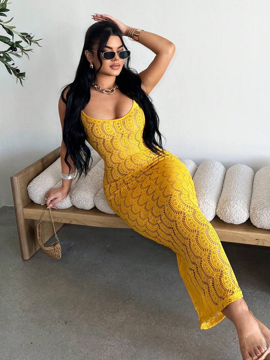 SHEIN SXY 女士纯色镂空性感紧身连衣裙 - 芥末黃 - 查看 1
