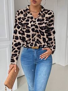 INAWLY 休闲领口袋修身白色长袖女式衬衫女式衬衫 - 卡其色 - 查看 6