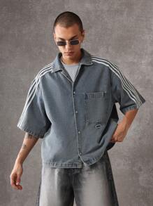 SUMWON Oversized Denim Shirt Jacket With Athletic Stripes, Button-Front Design, Short Sleeves, Casual Streetwear Style, Classic American Workwear Inspired - Blue - View 2