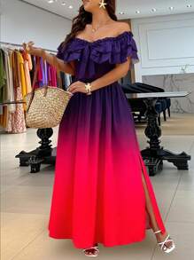 Breezaya 渐变色松紧腰部不对称下摆宽松大码女式大码连衣裙，优雅