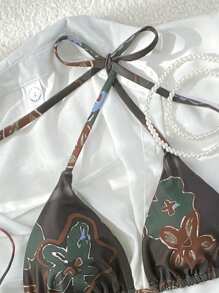 Swim Vcay New Multi-Color Floral Print Halter Neck Women's Spaghetti Strap Bikini Top - Multicolor - View 3