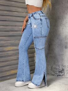 SHEIN SXY Jeans acampanados informales con decoración de rhinestones para mujeres - Azul - Ver 4