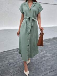 Textured Double Cuff Curved Hem Buttoned  Shirt Maxi Dress Shell Belted - Mint Green - View 4