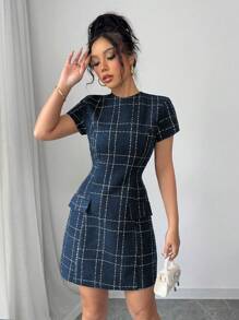 Elenzga Váy ngắn nữ vải tuýt kẻ caro kiểu Pháp thanh lịch có túi trang trí - Màu xanh hải quân - Xem 5