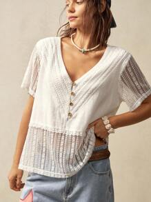 Bohemela 假日风格纯色编织蕾丝拼接V领短袖宽松女衬衫 - 白色 - 查看 5