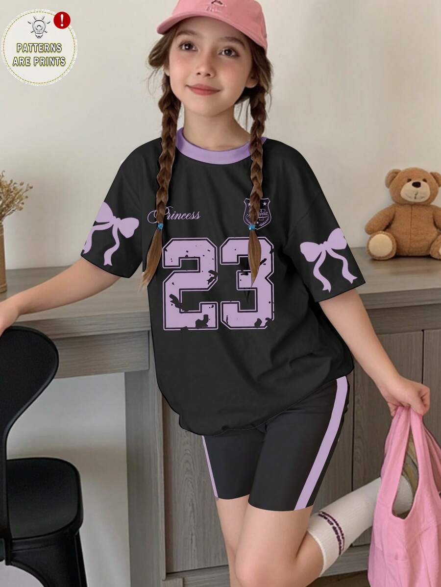 SHEIN Leap Crew 青少年女孩休闲简约短袖T恤和短裤两件套服装,夏季 - 彩色 - 查看 1