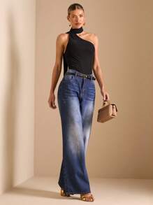 SHEIN BAE Solid Color Black Elegant Asymmetrical Neck Slim Tight Ruched Mesh Bodysuit For Women, Vacation Bodysuit, Music Festival Outfit, Minimalist Sophisticated Bodysuit - Black - View 5