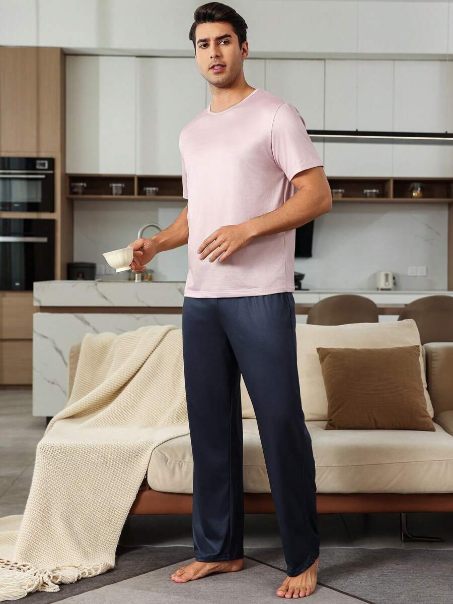 1 套男士纯色短袖上衣和裤子家居服套装 - 彩色 - 查看 1