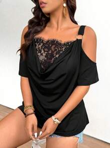 SHEIN LUNE Plus Size Lace Insert Hanging Collar Raglan Shoulder Cut Out Circle Decor Strap Casual T-Shirt, For Going Out & Holiday