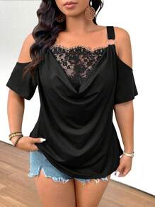 SHEIN LUNE Plus Size Lace Insert Hanging Collar Raglan Shoulder Cut Out Circle Decor Strap Casual T-Shirt, For Going Out & Holiday