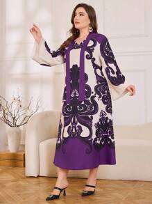 Lacomfia Plus Size Graphic Printed A-Line Elegant Dress - Purple - View 5