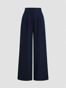 Lunelith SHEIN Lunessa Navy Blue Pleated Long Wide Leg Minimalist Dress Pants