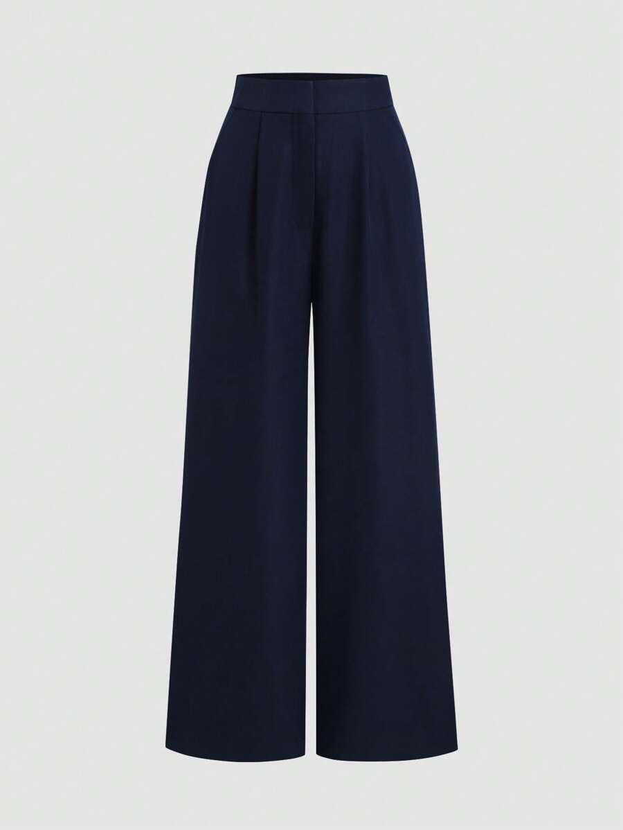Lunelith SHEIN Lunessa Navy Blue Pleated Long Wide Leg Minimalist Dress Pants